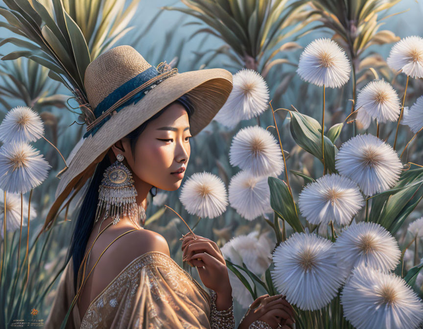 Woman in broad-brimmed hat surrounded by white flowers in serene natural setting