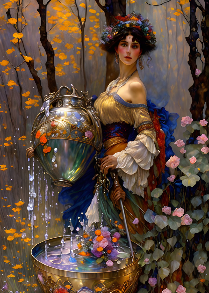 Vibrant woman in detailed costume pouring water in fantastical floral setting