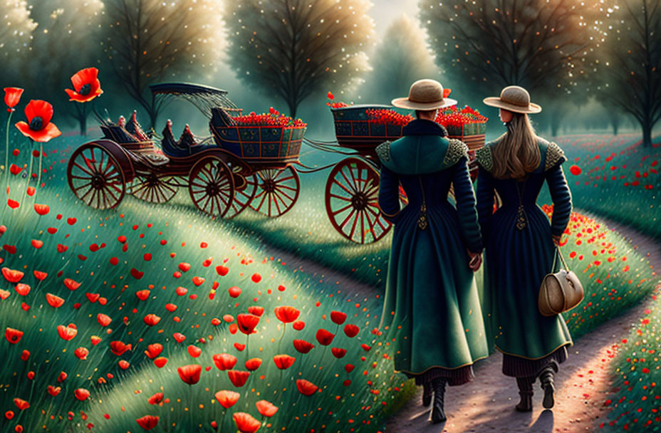 Vintage dresses: Women walk among poppies and flower-filled carts