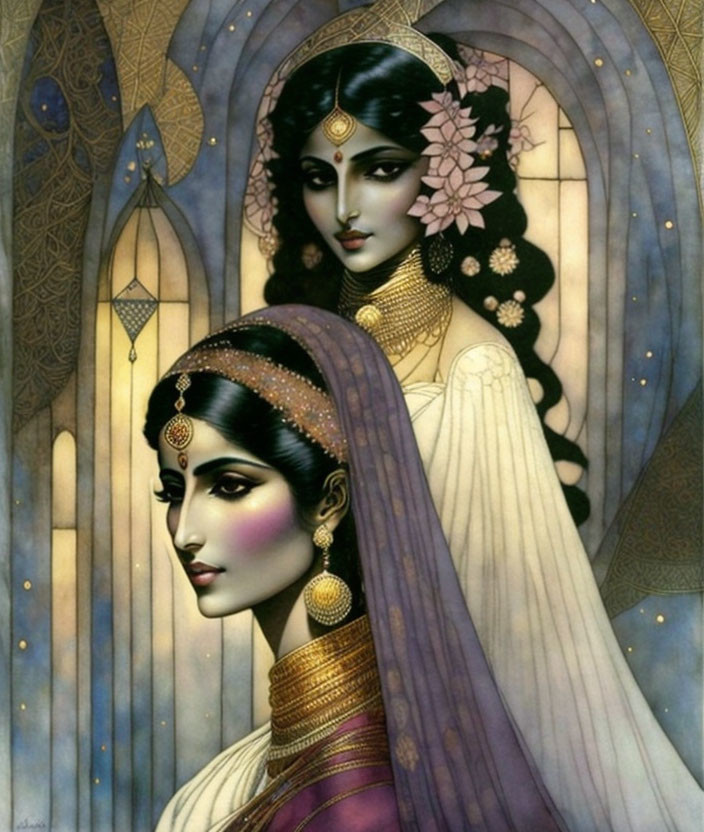 Two women in traditional attire with ornate jewelry and headdresses against intricate backdrop.