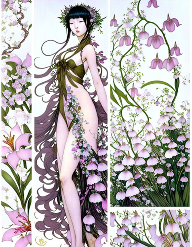 Whimsical female figure with floral hair and blooming flowers