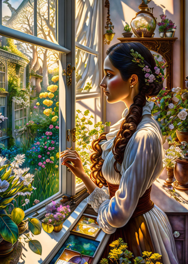 Woman with braided hairstyle and flowers looking out of window amidst plants and sunlight