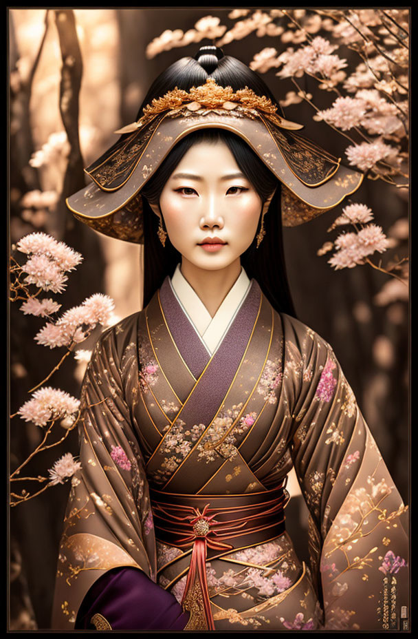 Traditional East Asian Attire Woman Surrounded by Cherry Blossoms