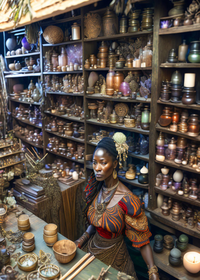 Traditional African Attire Woman with Wooden and Metal Artifacts