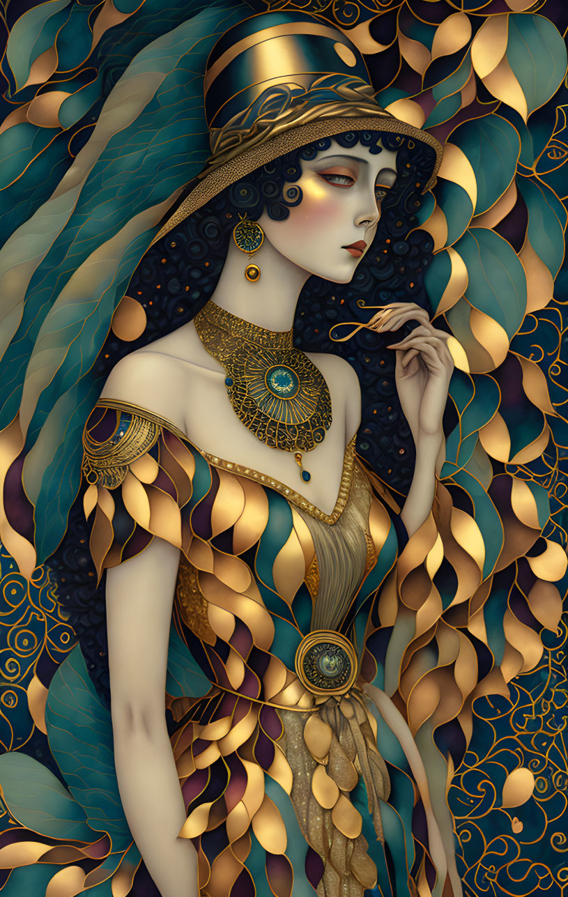 Dark-haired woman in gold and blue art nouveau jewelry on a flowing background