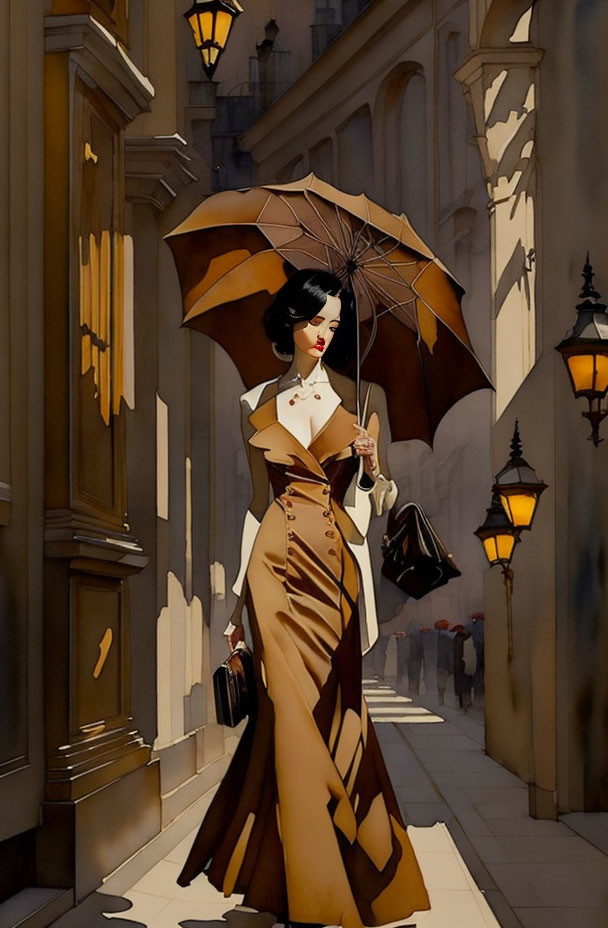 Stylish woman in brown dress with umbrella and purse in classical city alley