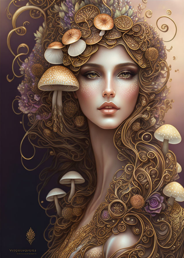 Woman's Hair Illustration: Mushrooms, Flowers, Golden Patterns