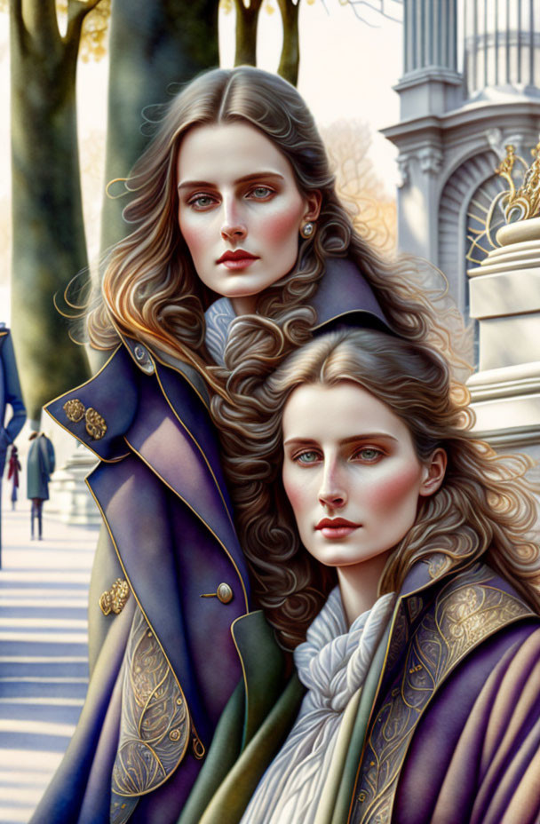 Two women with flowing hair in ornate blue coats against elegant outdoor background