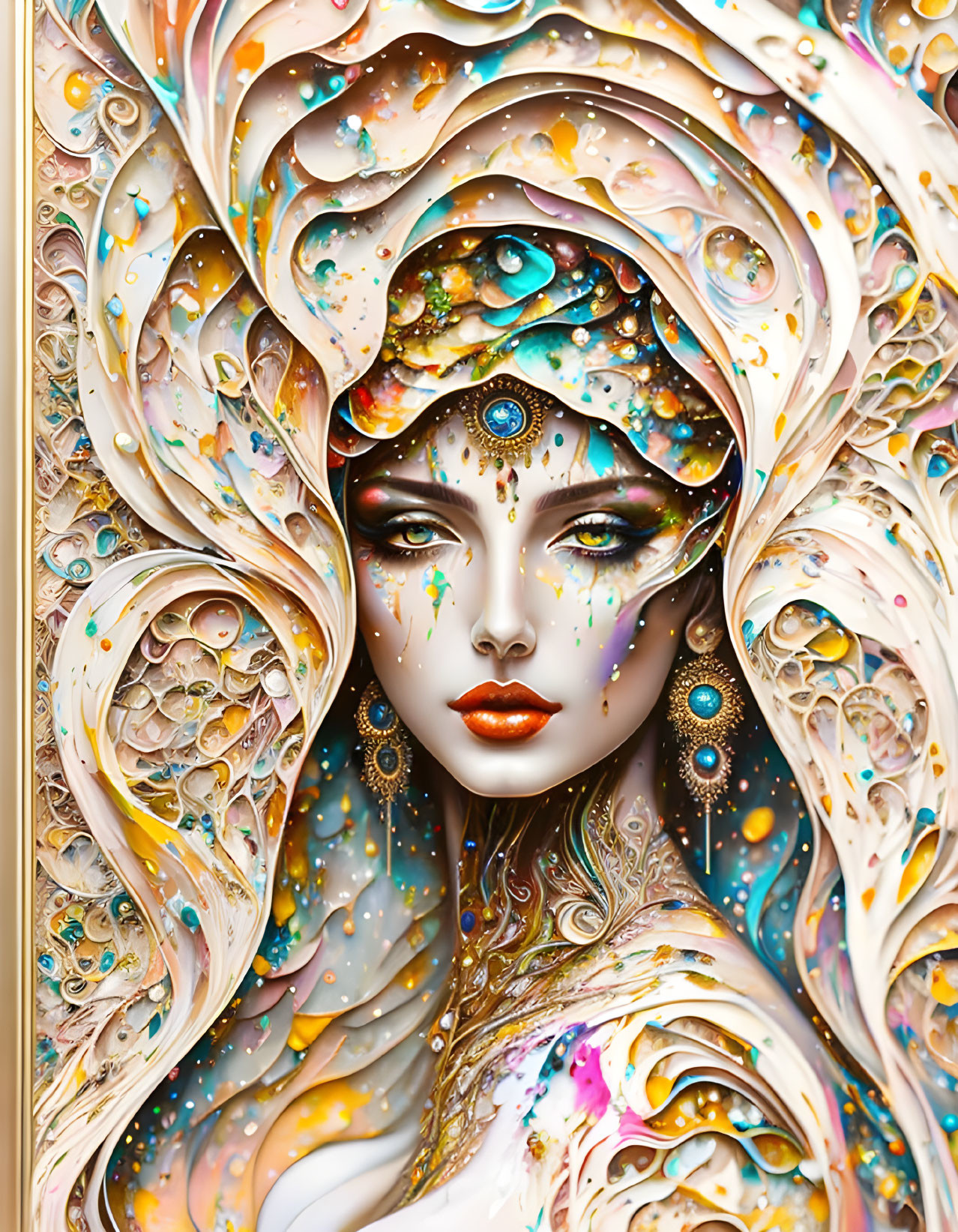 Intricate digital artwork of woman with ornate designs on golden background