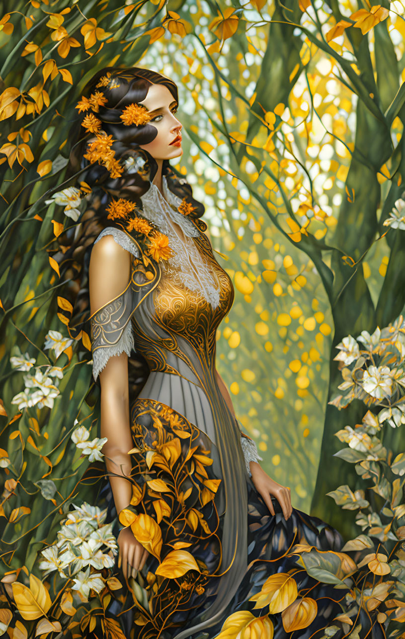 Illustrated woman with yellow flowers and leaves in vibrant floral setting