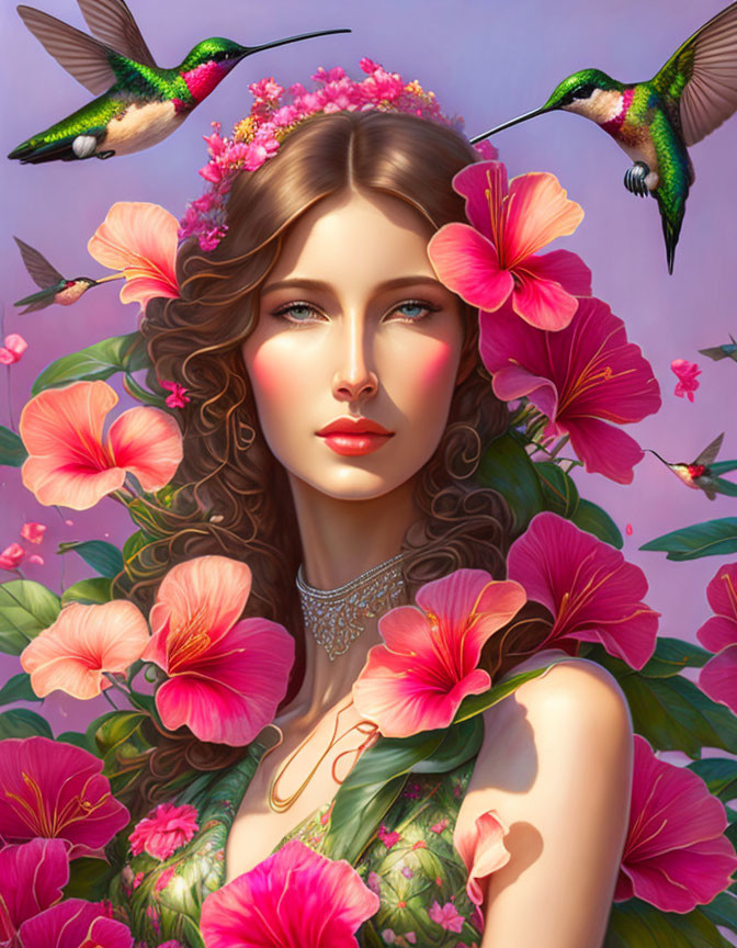 Digital artwork featuring woman with floral hair and jewelry among pink flowers and hummingbirds on purple background