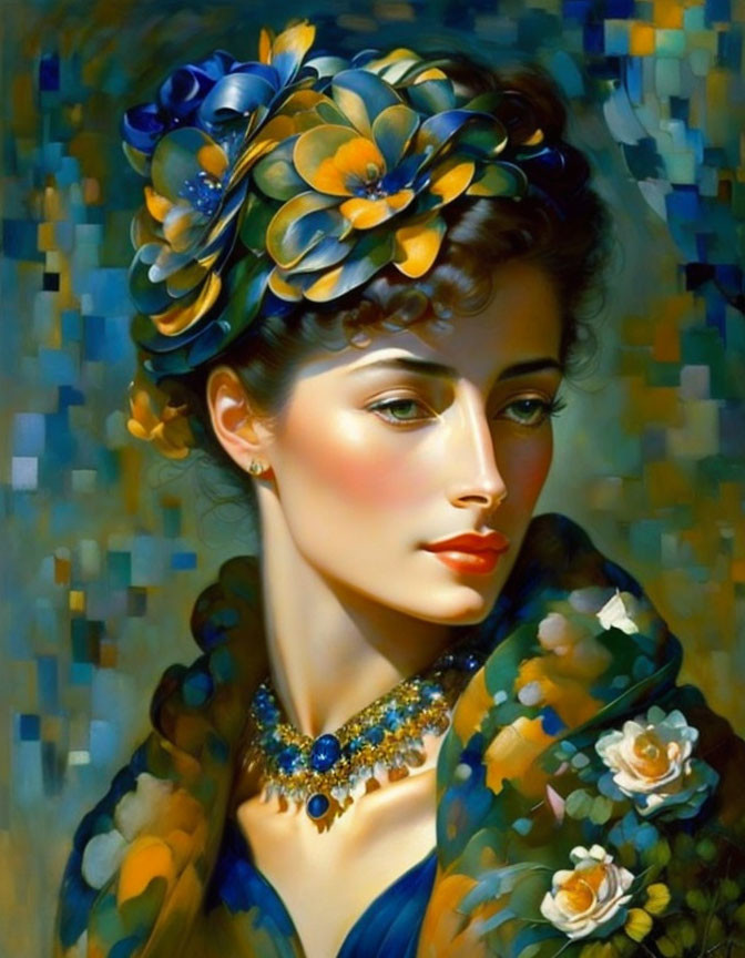 Portrait of woman with flower hair & jeweled necklace in warm mosaic style