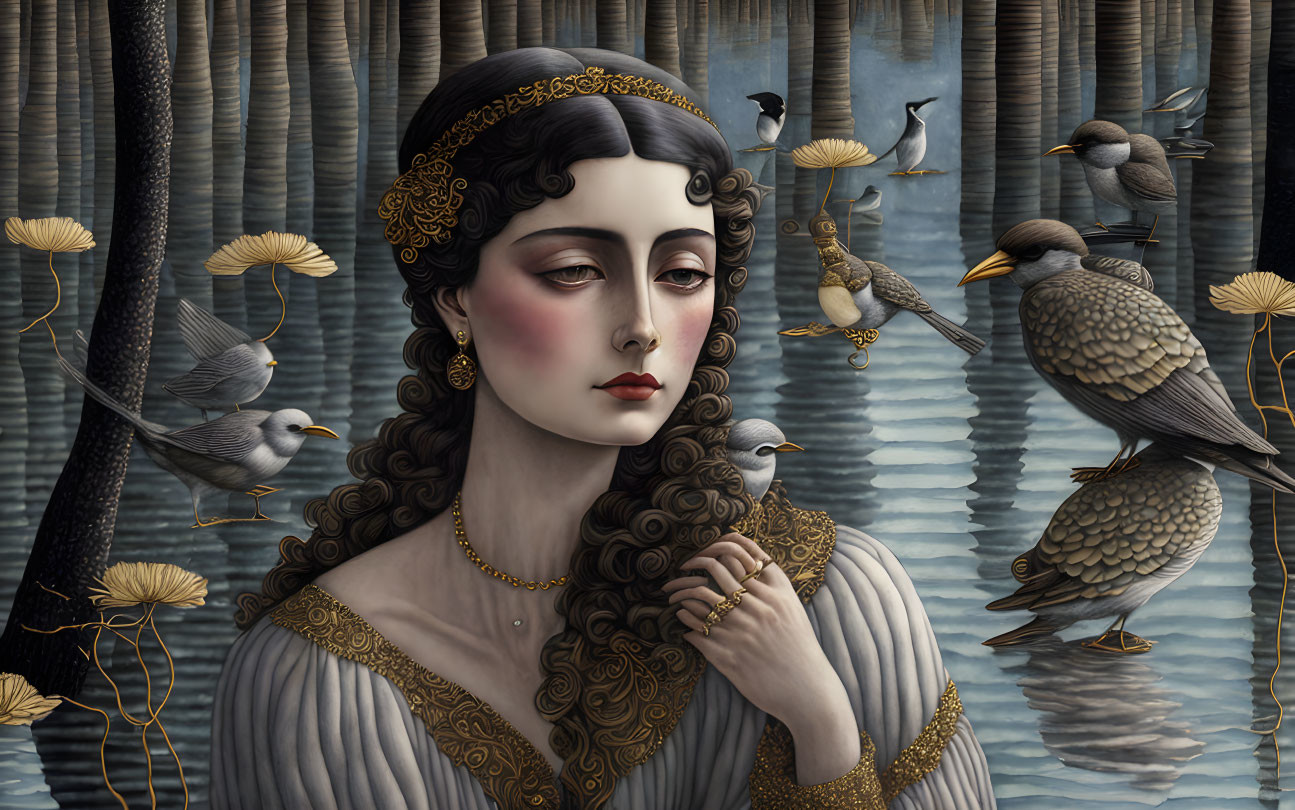 Intricate gold-adorned woman by still water with reflective birds and slender trees