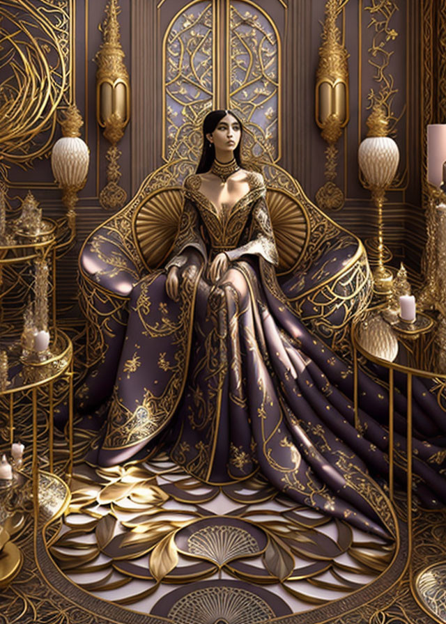 Regal woman in gold and purple gown on ornate throne