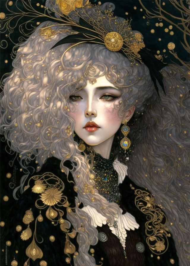 Fantasy portrait of woman with curly grey hair and golden accessories