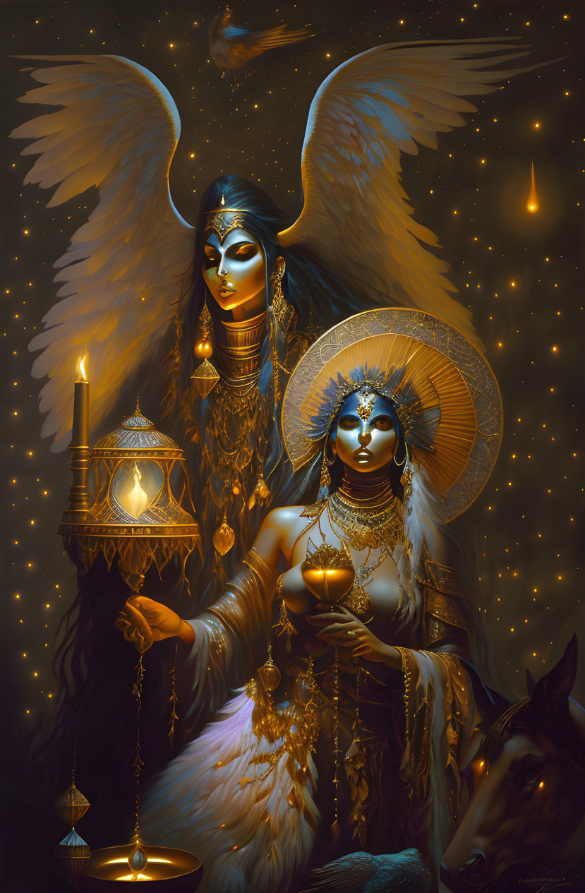 Golden-adorned mystical figures with wings, lamp, candle, stars, and horse.