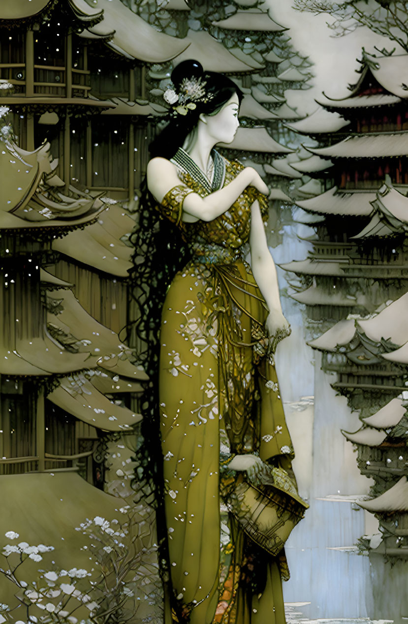 Traditional attire woman with flowers against snowy pagoda rooftops