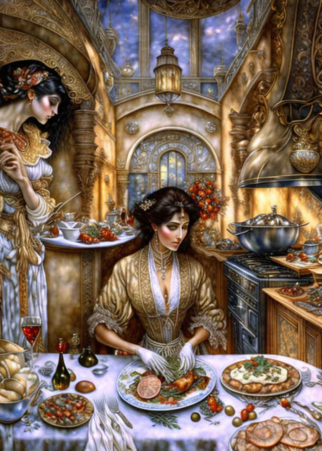 Elegantly dressed woman in golden gown at lavish feast.