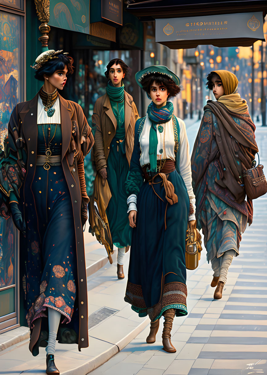 Elegantly Dressed Women in Vintage Attire on City Street