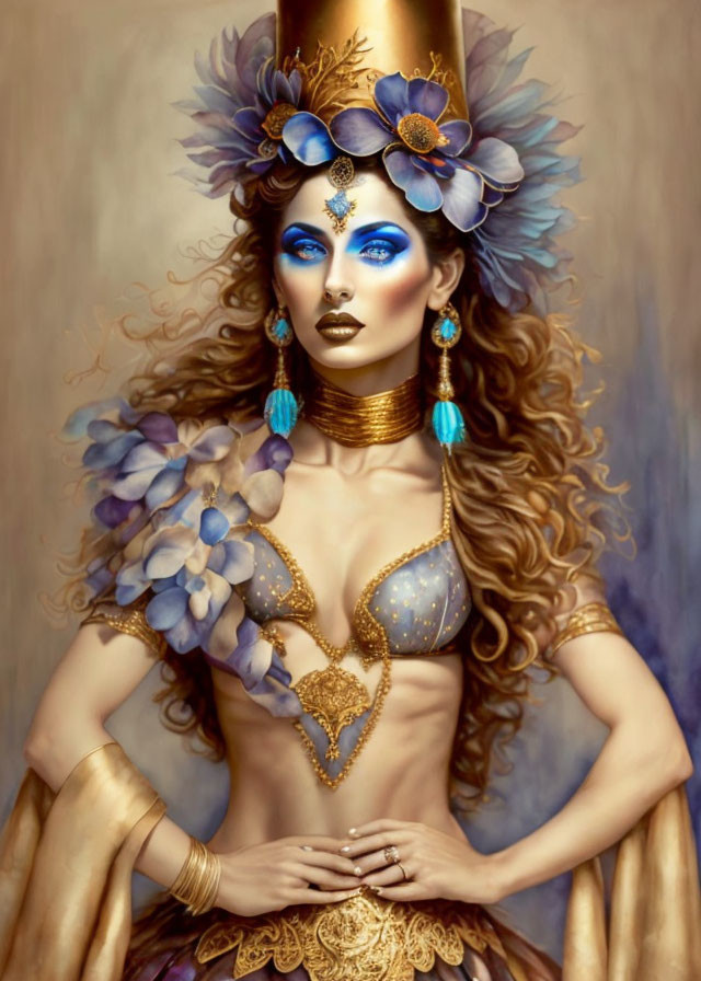 Elaborate golden headgear and blue makeup on woman portrait