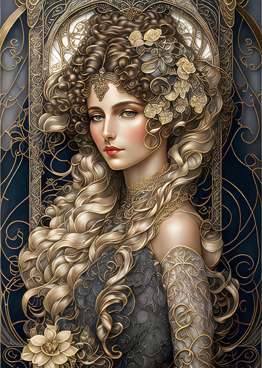 Detailed illustration of woman with wavy hair, gold accessories, tattoos, ornate frame