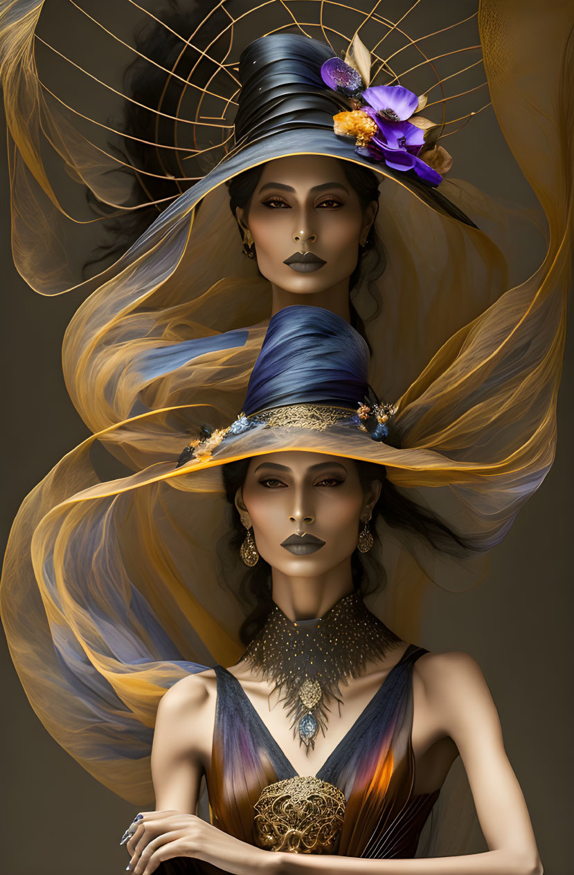 Two women in elaborate hats, flowing hair, dramatic makeup, feathers, and flowers on neutral background.