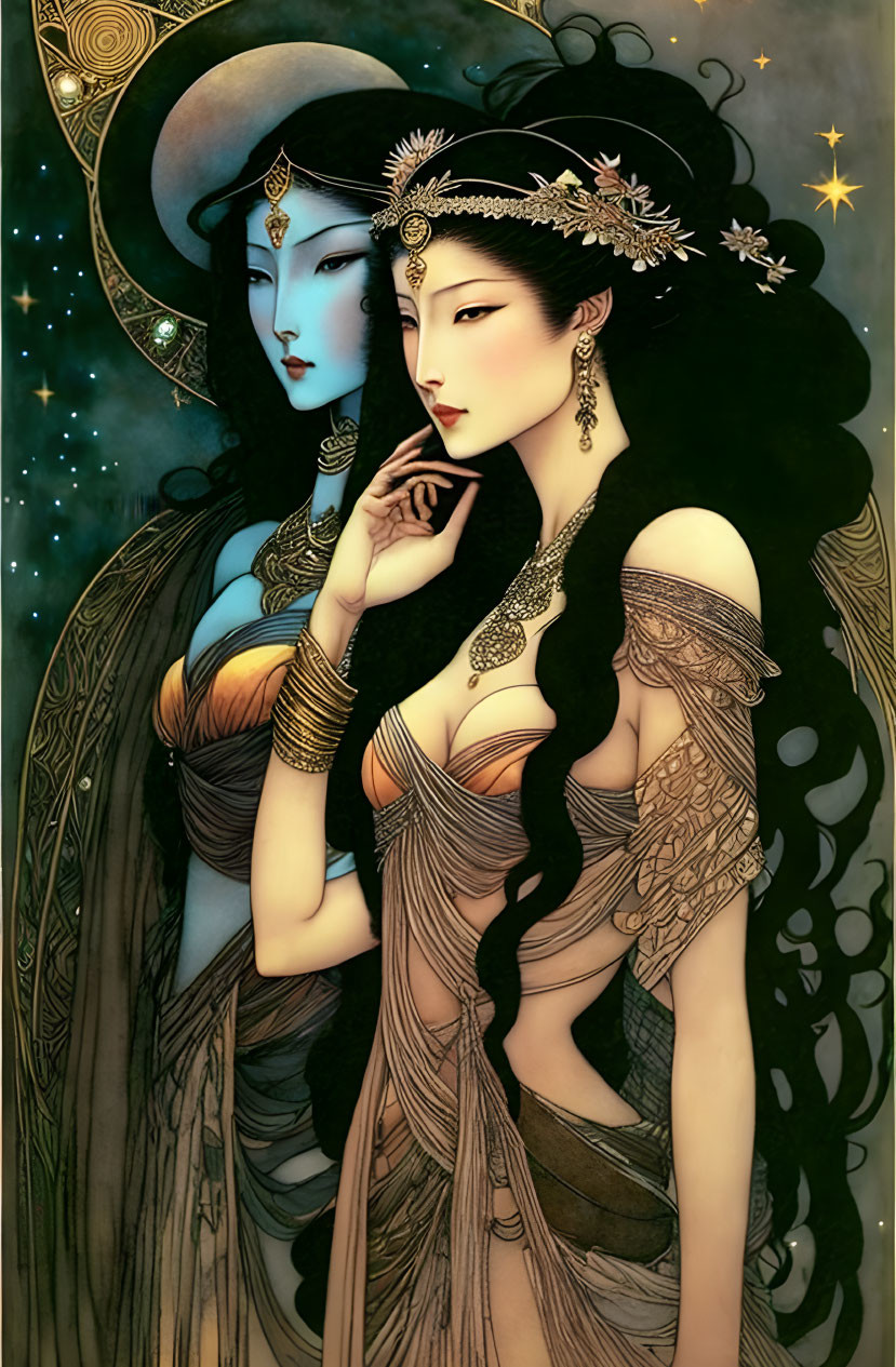 Ethereal women with elaborate headdresses in a fantasy setting