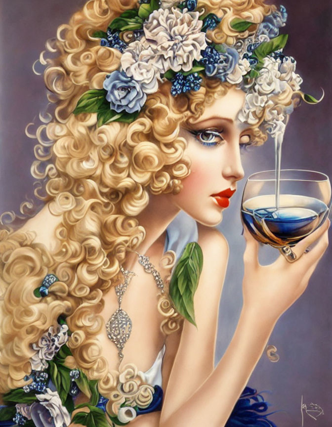 Blonde woman with blue flower hair holding pouring wine glass