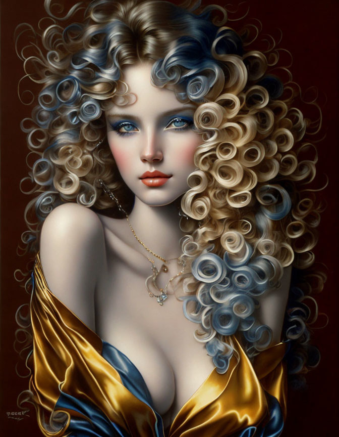 Blonde woman portrait with curly hair and blue gown