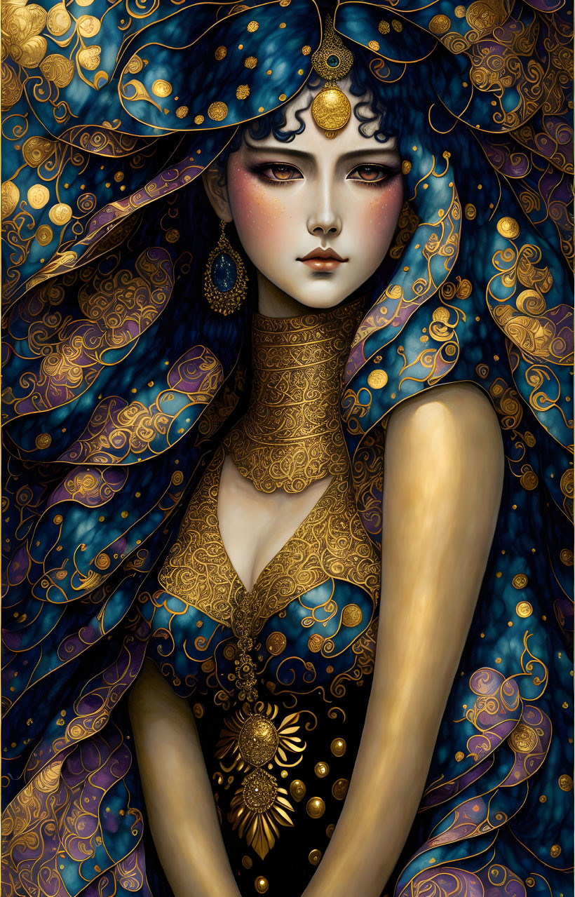 Pale-skinned woman in ornate jewelry and mystical aura wearing blue cloak