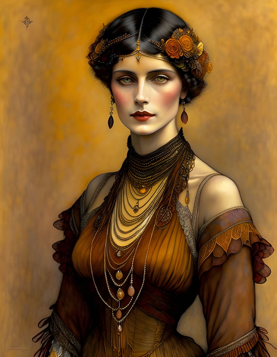 Digital painting of woman in vintage attire with elaborate jewelry on golden background