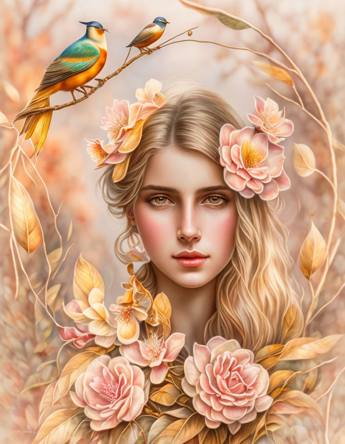 Woman portrait with autumn flowers, leaves, and birds in fantasy blend.