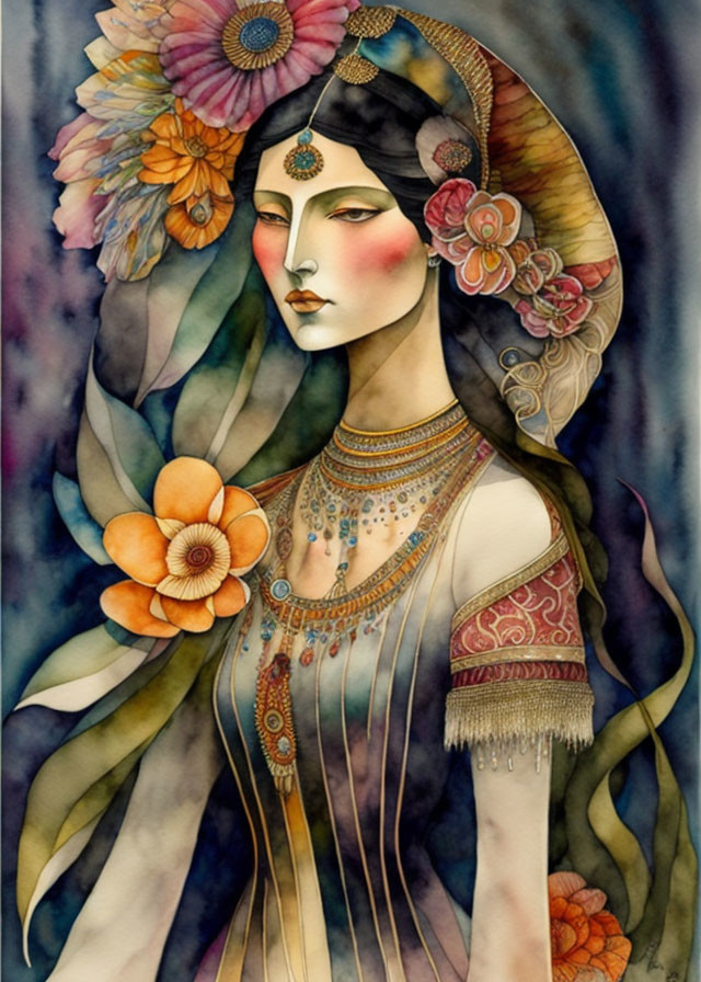 Illustrated woman with decorative headdress and flowers on watercolor floral background