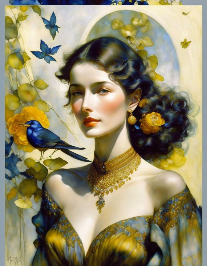 Portrait of woman with dark wavy hair, gold jewelry, yellow dress, and bluebird on branch