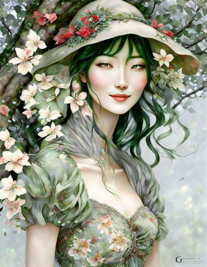 Woman with Green Hair in Floral Hat & Dress Surrounded by Blossoms