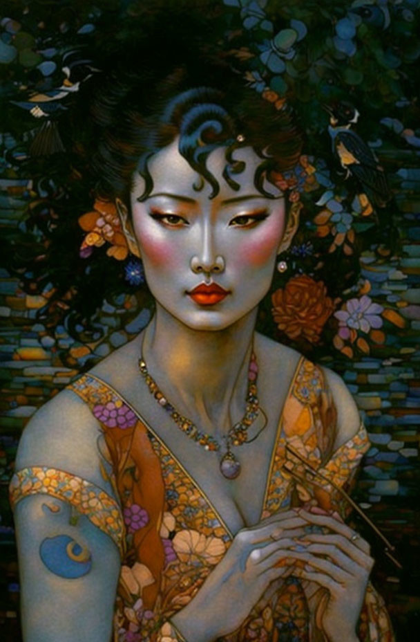 Illustration of woman with Asian features, tattoos, floral garment, birds, and foliage on dark background