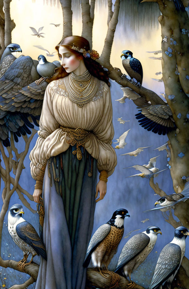 Vintage-clad woman surrounded by falcons in serene natural setting