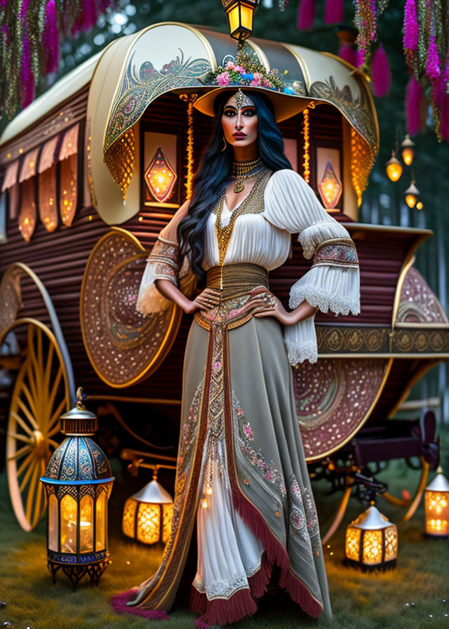 Elaborate gypsy attire woman near decorative caravan at dusk