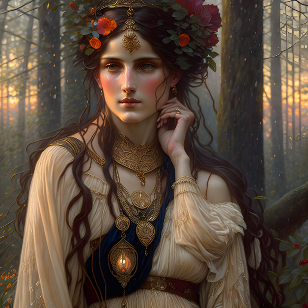 Mystical woman adorned with jewelry in sunlit forest