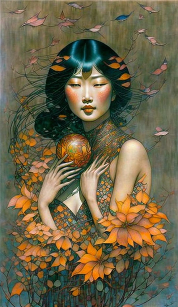 Woman with Black Hair Surrounded by Orange Flowers and Leaves Holding Orb