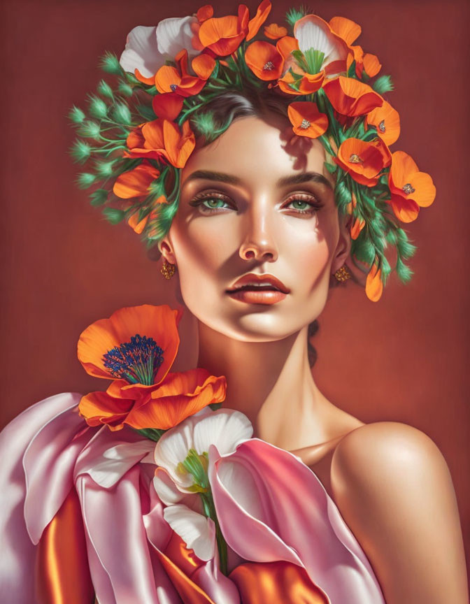 Illustrated portrait of a woman with orange poppies and green leaves in her hair on peach satin.