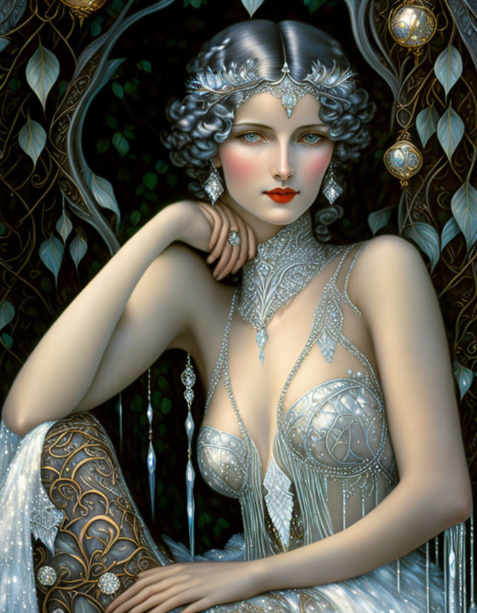 Silver-haired woman with ornate jewelry in mystical forest setting