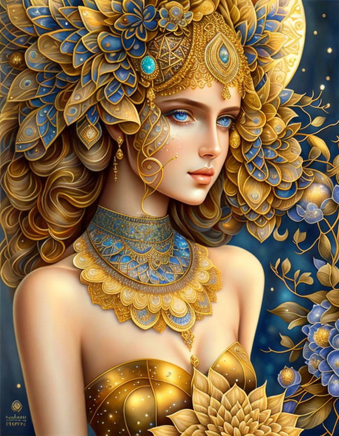 Fantasy illustration of woman in ornate gold and blue attire with detailed headdress and luminous blue