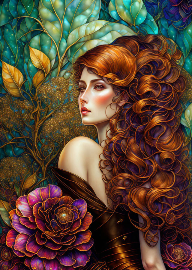 Detailed side-profile portrait of a woman with voluminous curly auburn hair among intricate foliage and a