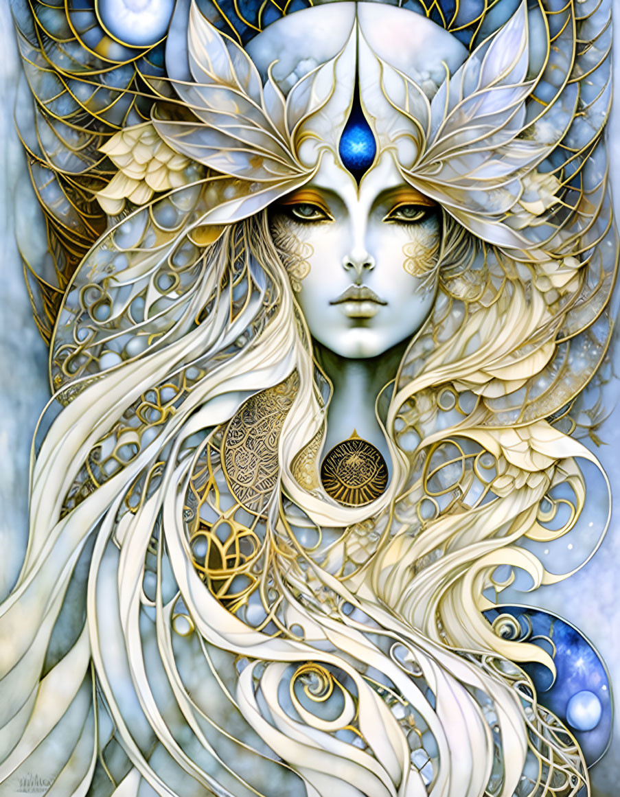 Ethereal artwork of woman with golden headwear and blue eyes