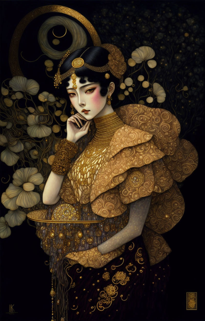 Illustrated woman with golden adornments in contemplation amidst stylized flora.