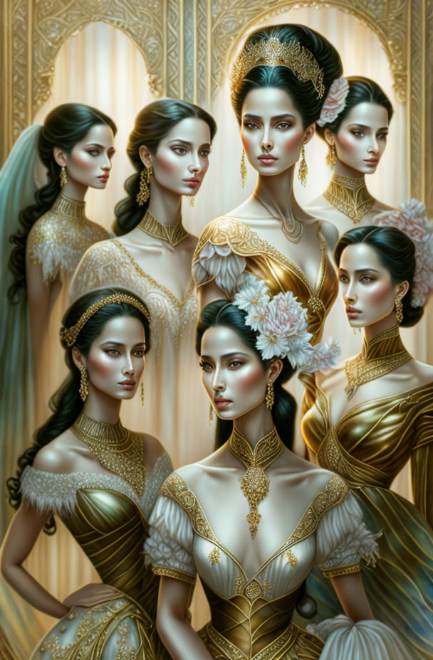 Seven Elegant Women in Golden Victorian-Era Dresses & Jewelry