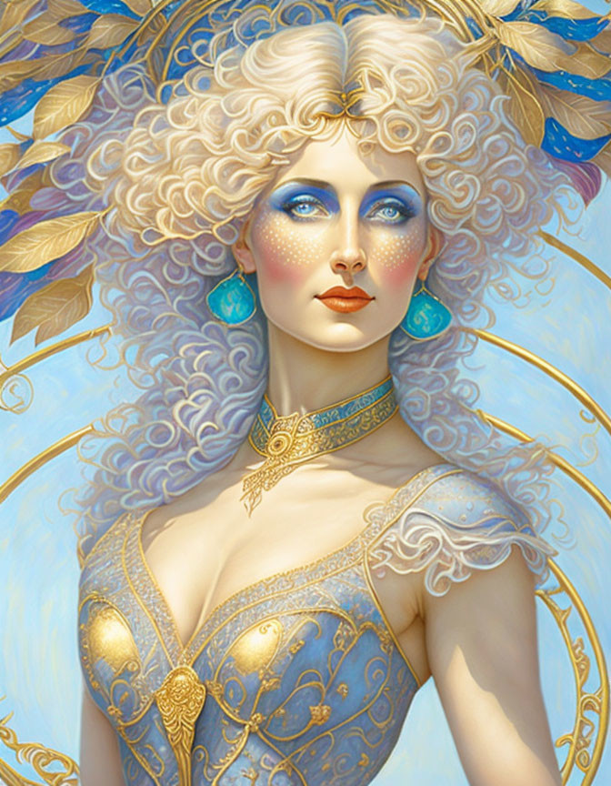 Illustrated portrait: Woman with pale blue skin and golden hair in regal attire on soft blue background