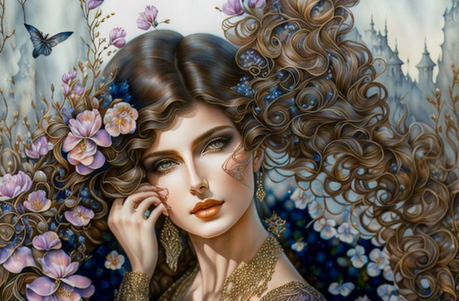 Illustrated woman with curly hair, purple flowers, butterfly, dreamy background