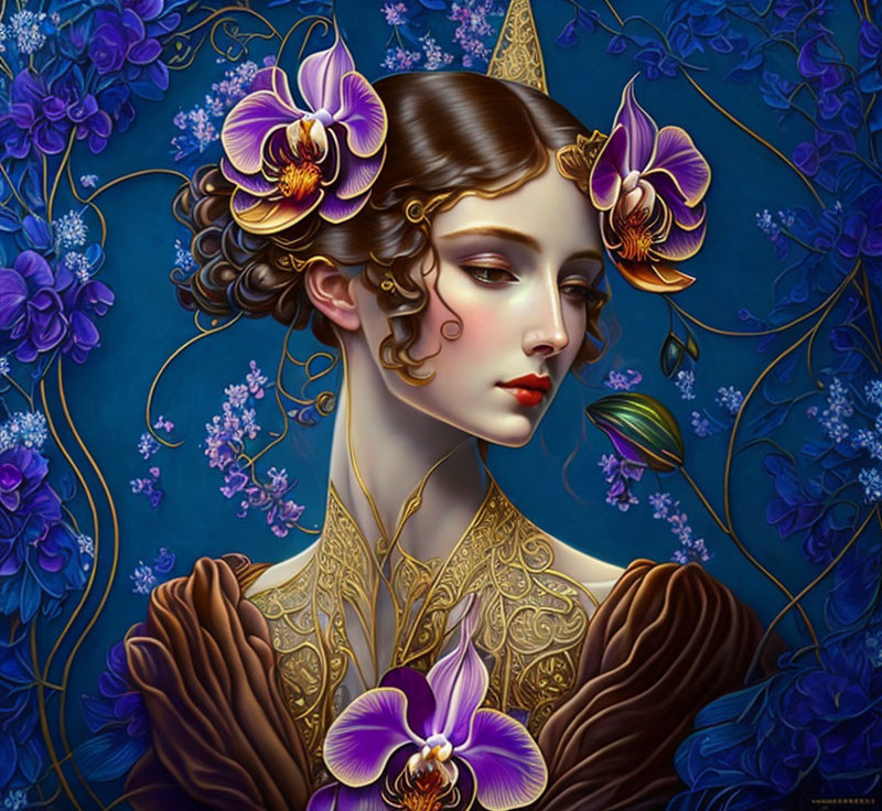 Illustrated portrait of woman with artistic makeup and purple orchids in hair against floral backdrop